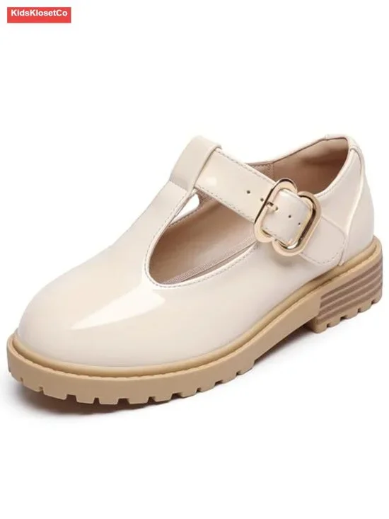 Girls Mary Jane School Shoes Chunky Heel T-Strap Flats Anti-Slip Uniform