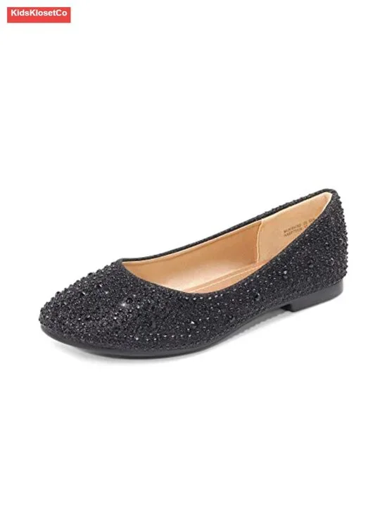 Girls Ballet Flats Slip-On Dress Shoes with Glitter Rhinestone TPR Anti-Slip