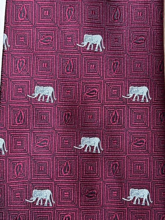 Thai Land Handmade 100% Silk Woven Tie Burgundy Silver Geometric Elephant Motif