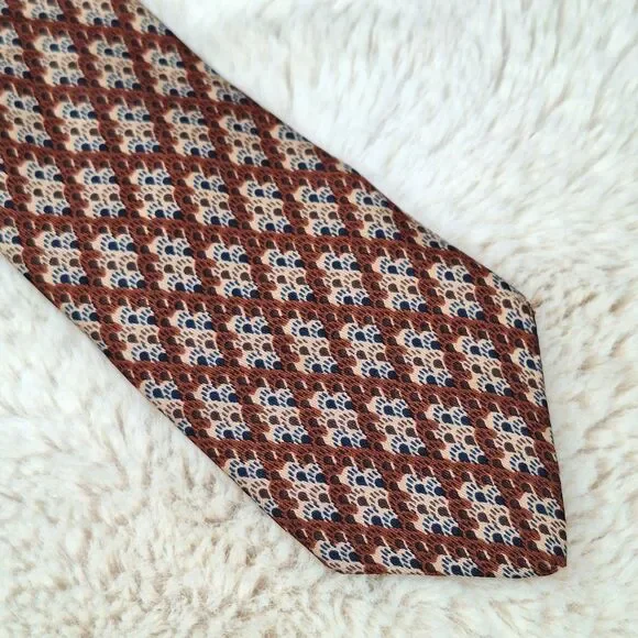 Lanvin Vintage Brown Cream Blue Geometric 100% Silk Tie Necktie Mens USA
