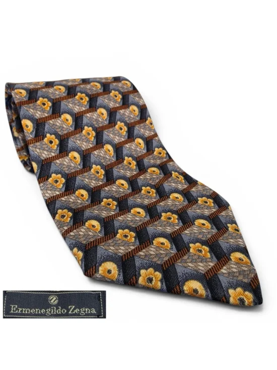 Ermenegildo Zegna Silk Tie Gray Gold Geometric Floral Italian Designer Tie