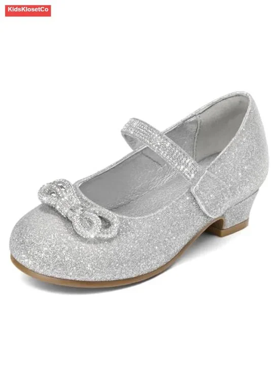 Girls Rhinestone Bow Mary Jane Pumps, 1in Heel Hook & Loop Closure, Wedding
