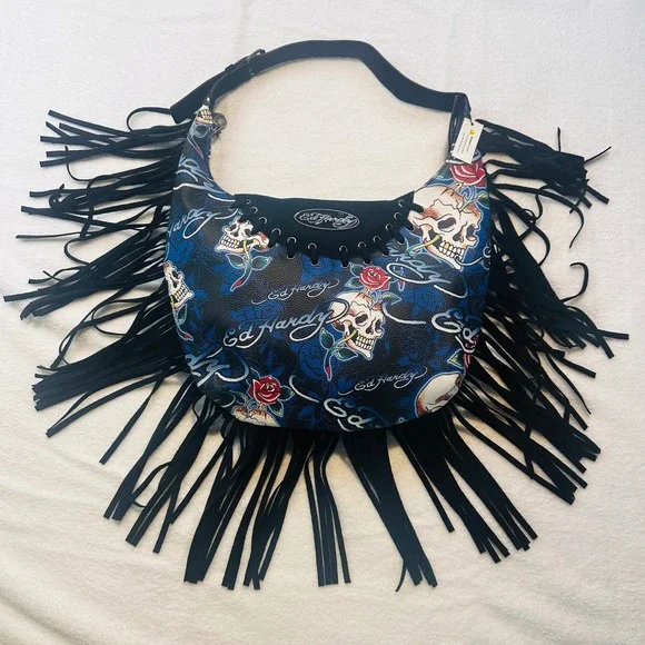 Ed Hardy Womens Fringe Hobo Bag Skull Rose Tattoo Print Blue Black Y2K New