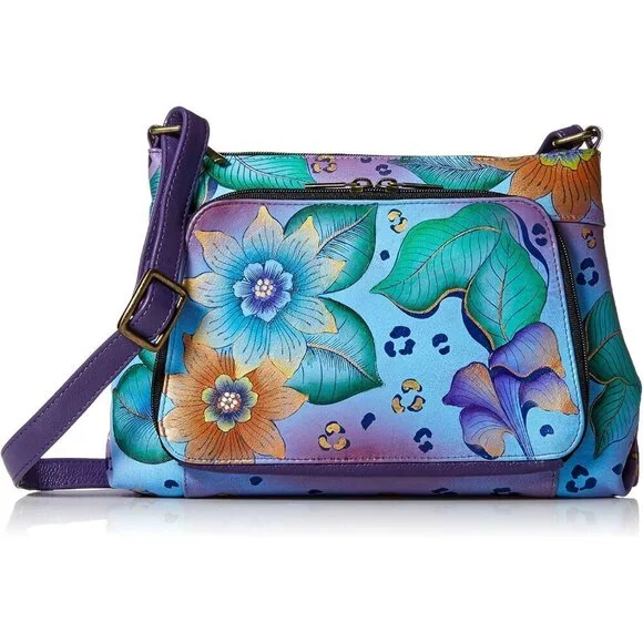 Women's Leather Crossbody Organizer Hand-painted Tropical Safari Fashion
