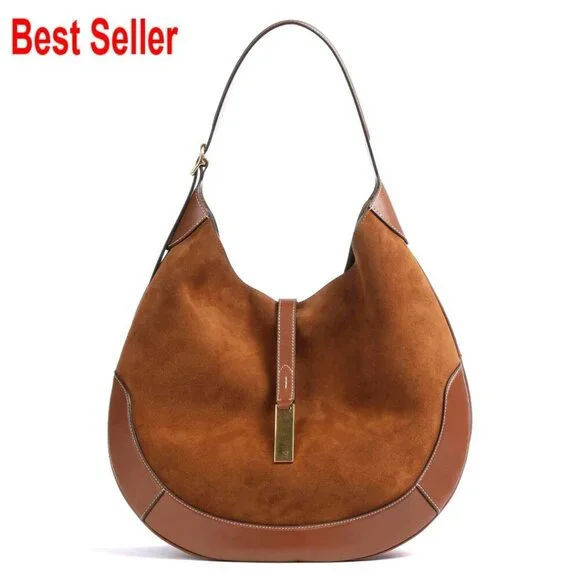 Suede & Split Leather Hobo Shoulder Bag Large Capacity Magnetic Closure