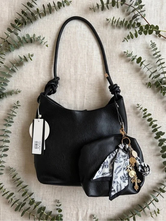 Black Women's Hobo Shoulder Bag with Decorative Scarf and Charm Accent