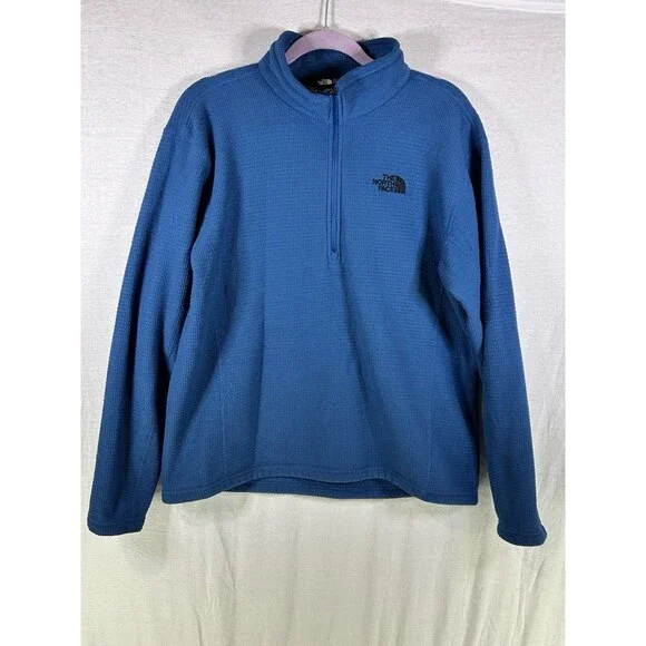 The North Face Mens Large Quarter Zip Fleece Pullover Blue Waffle Knit