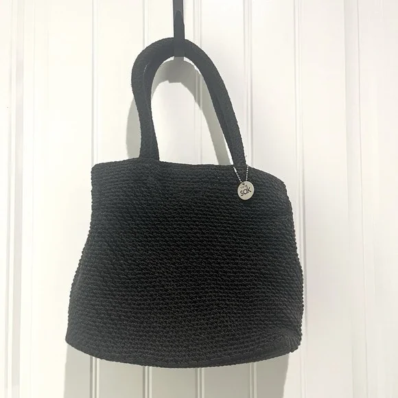 The Sak Purse‎ Hobo Crochet Woven Shoulder Bag Black Double Strap Zip Logo FOB