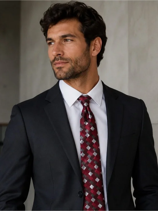 croft & barrow Burgundy and Silver Geometric Check Tie