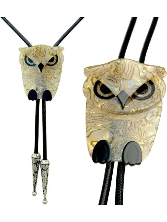 Handmade Western Bolo Tie - Unique Acrylic Animal Design, Longhorn Bull & Owl
