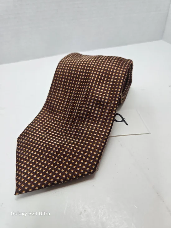 Pietro Baldini Men's Brown and Gold Grid Pattern 100% Silk Necktie Tie