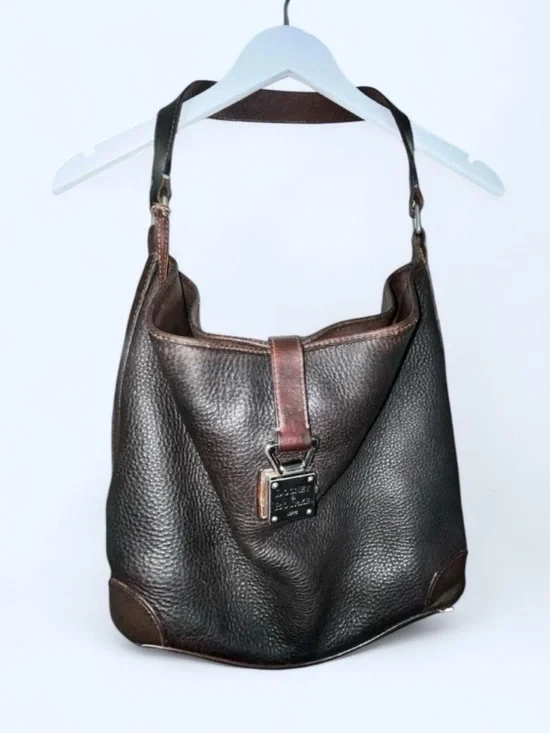 Dooney & Bourke Dark Brown Leather Hobo Bag with Front Strap Detail