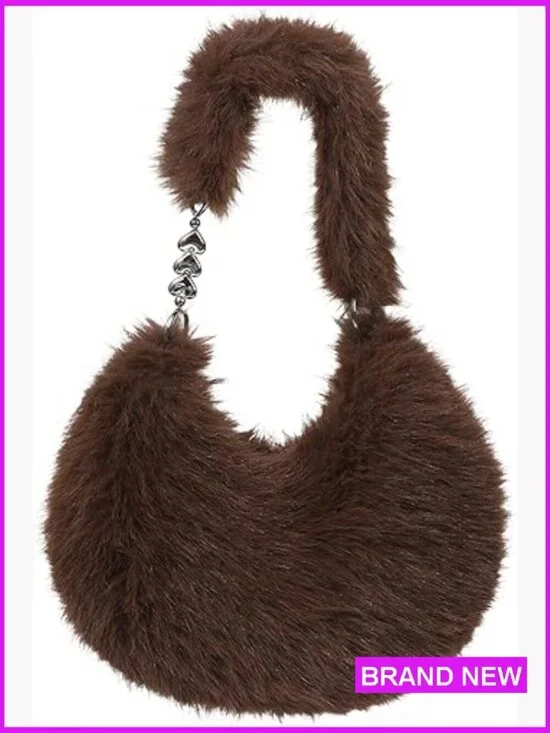 Faux Fur Plush Shoulder Bag Y2K Cute Fuzzy Purse Hobo Handbag Winter