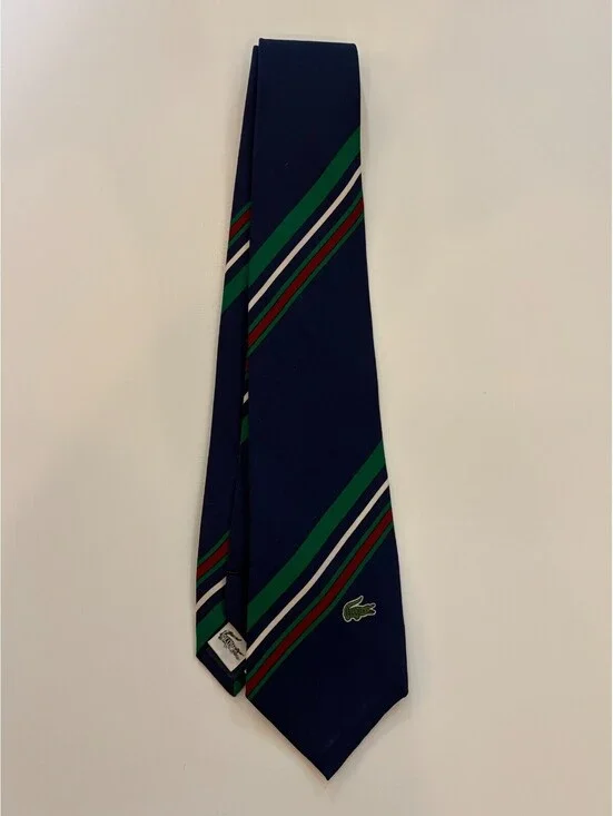 Vintage La Chemise Lacoste Silk Necktie Navy Striped Embroidered Crocodile Japan