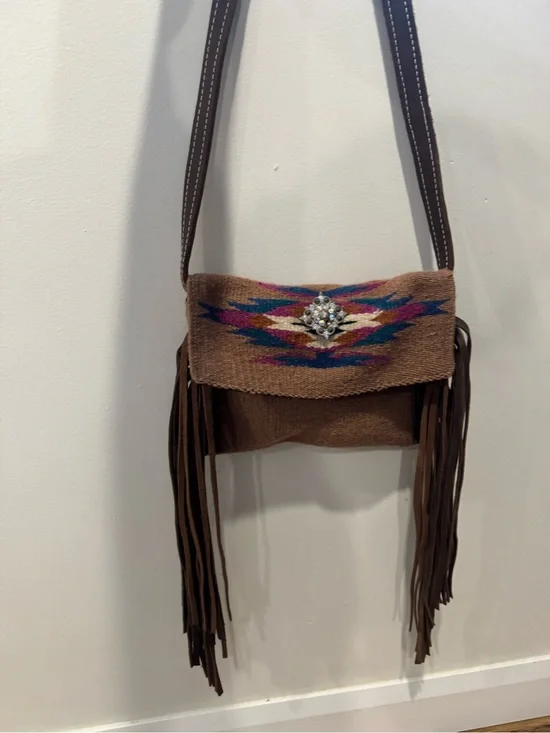 Southwestern Woven Wool Blanket Fringe Crossbody Bag with Rhinestone Concho