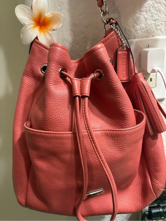 Coach Coral Pink Pebbled Leather Drawstring Hobo