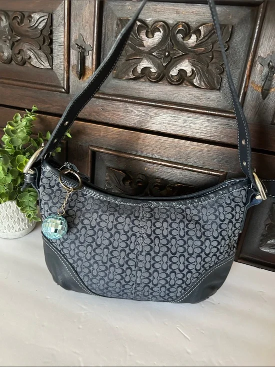 Beautiful Navy Signature Canvas Hobo with Leather Trim