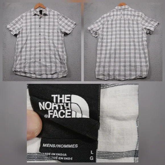 The North Face Plaid Button‎ Up Shirt Men's L Gray White Short Sleeve