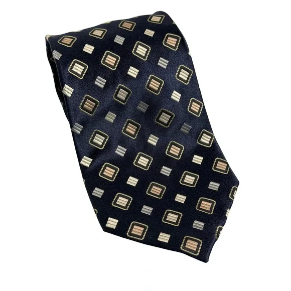 Preswick & Moore Necktie Navy Blue Geometric Silk Stain Repellent Wrinkle Free