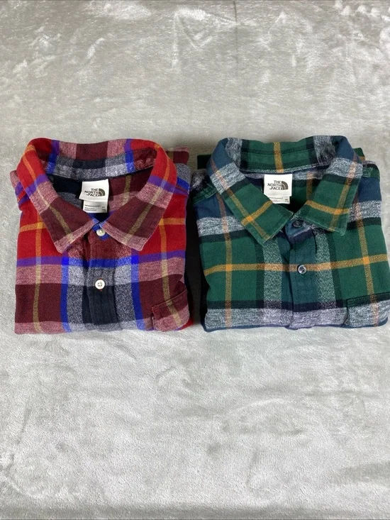 Lot‎ Of Two The North Face Men’s 2XL Plaid Flannel Shirt Red Blue+Green Navy