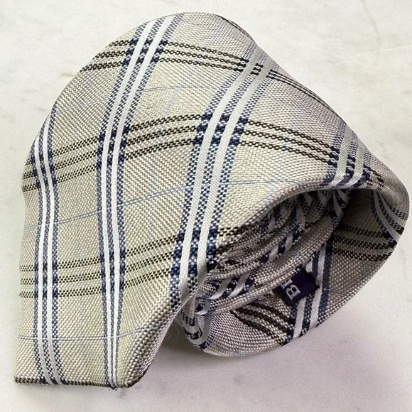 Beau Brummel Necktie Mens OS Beige Blue Plaid Silk Hand Made Soho Formal Tie