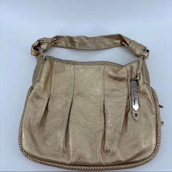 Cole‎ Haan Hobo Bag Womens Medium Gold Excellent Metallic Leather Braided Tassel