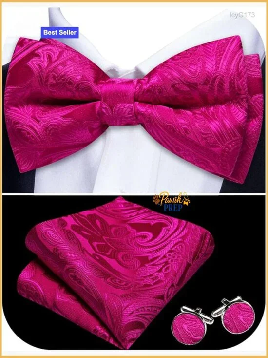 Men's Formal Bow Tie Set with Pocket Square and Cufflinks, Silk Blend