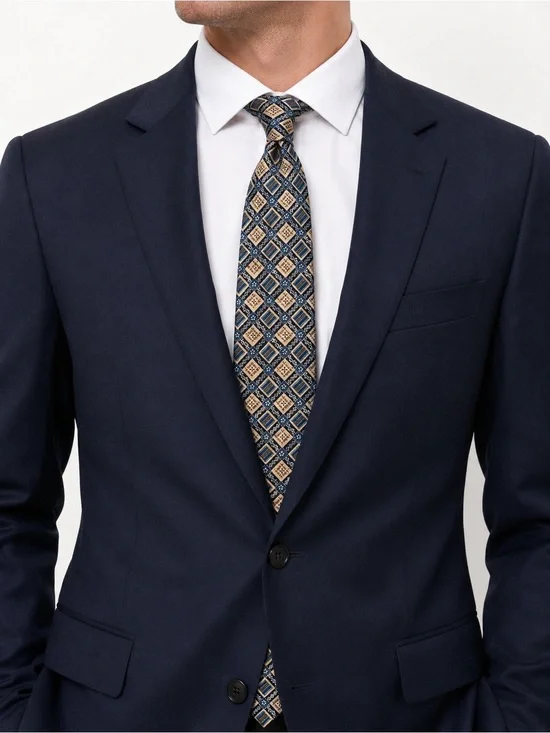 Il Gattopardo Italy 100% Silk Tie Blue Beige Geometric Diamond Pattern