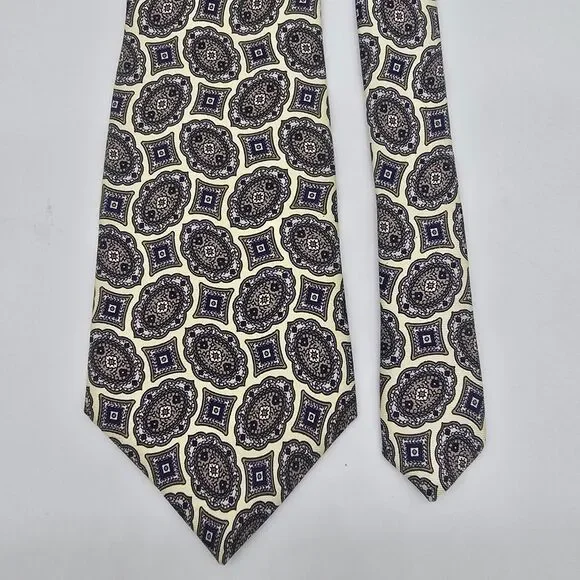 Vintage Oscar de la Renta Couture Tie Necktie Cream Gold Blue Medallions