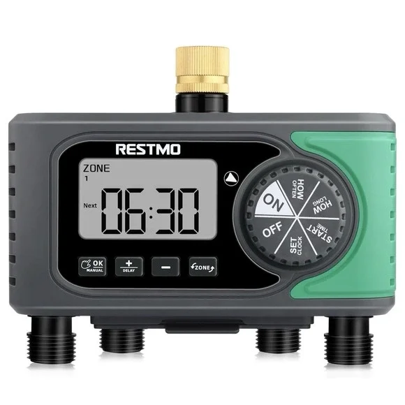 4-Outlet Sprinkler Timer Brass Inlet 4 Zone Programmable Water Timer