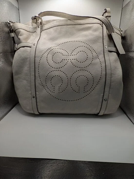 Coach Perforated Signature Hobo Bag Chalk Cream Leather Silver HW