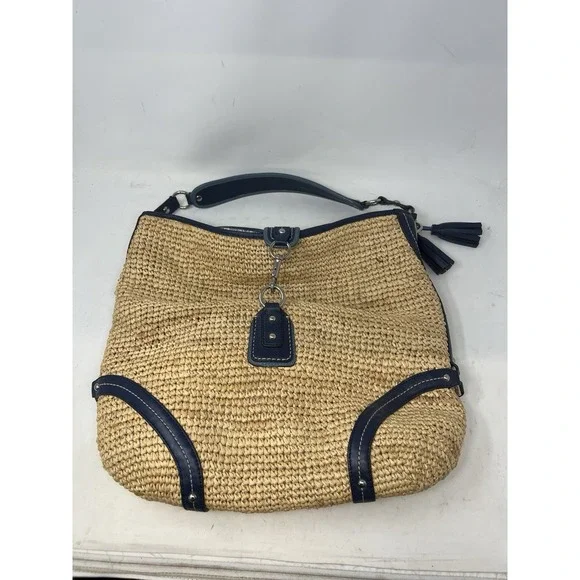 Coach Natural Straw Blues Leather Hobo Slouchy Tote Handbag 22906