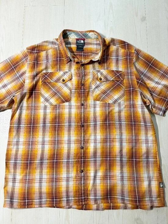 The North Face Watchme Shirt Men's XL Orange Plaid Cotton Modal Button Up SS