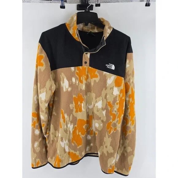 The North Face Mens XL TKA Glacier Snap Fleece Pullover Orange Camo Colorblock