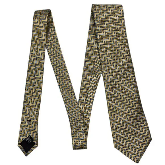 Ermenegildo Zegna Silk Tie Yellow‑Gold & Blue‑Gray Geometric Italy 3.3” x 58