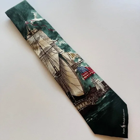 Polo Ralph Lauren Silk Tie Mens Green Nautical Tall Ship American Flag Nordstrom