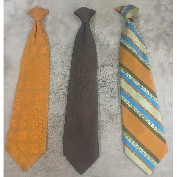Vintage Lot of 3 Clip On Ties Quik Tie Snapper Orange Brown Striped Floral Retro