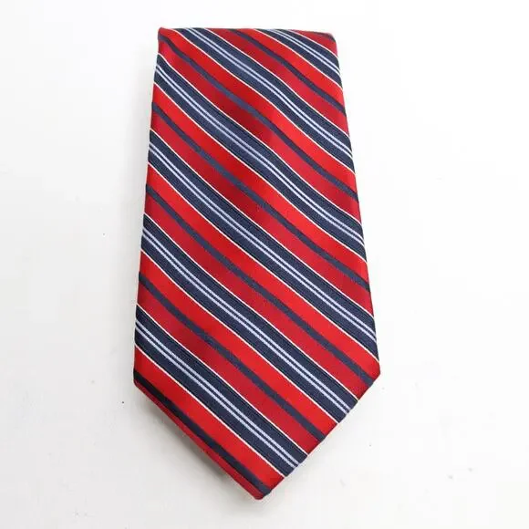 Classic Power Tie Mens 58 in Silk Red White Blue Diagonal Pin Stripe Wide