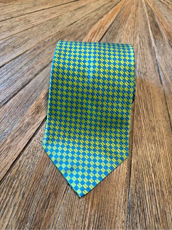 Vintage Bruno Piattelli Pure Silk Tie Blue Green Geometric Woven 4” Wide
