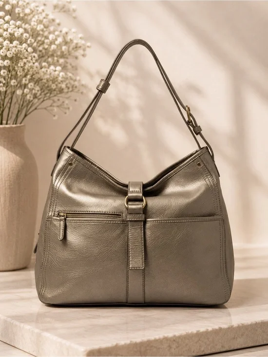 Cole Haan Metallic Gold Leather Hobo Shoulder Bag Buckle Detail Purse