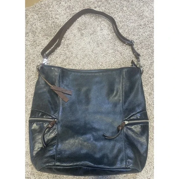 Tano Black Distressed Leather Slouchy Hobo Bag with Outter Zip pockets