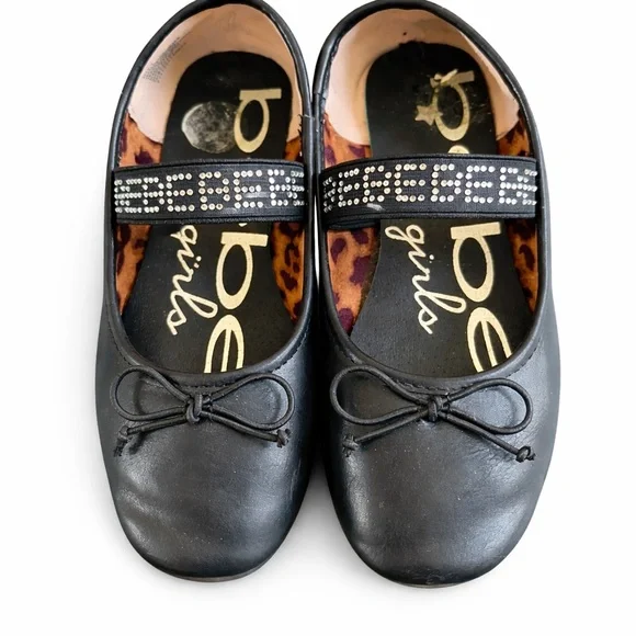 Bebe Girls Black Rhinestone Mary Jane Ballet Flats Leopard Size 1