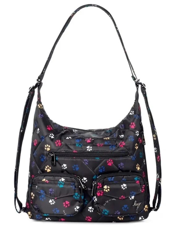 LUG PAW PRINT BLACK QUITED NYLON HOBO CONVERTIBLE BAG