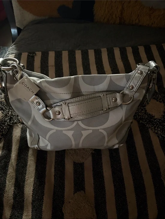 Coach Silver Signature Canvas Hobo with Metallic Trim NWT