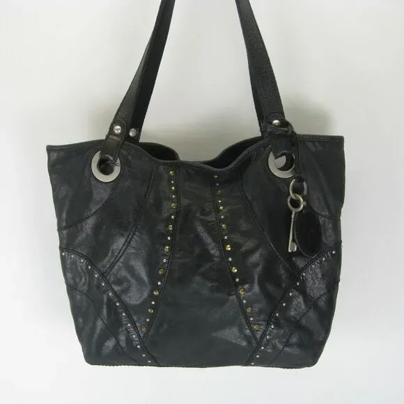 ❤ Fossil Black Studded leather Hathaway Long Live Vintage 1954 large hobo bag ❤