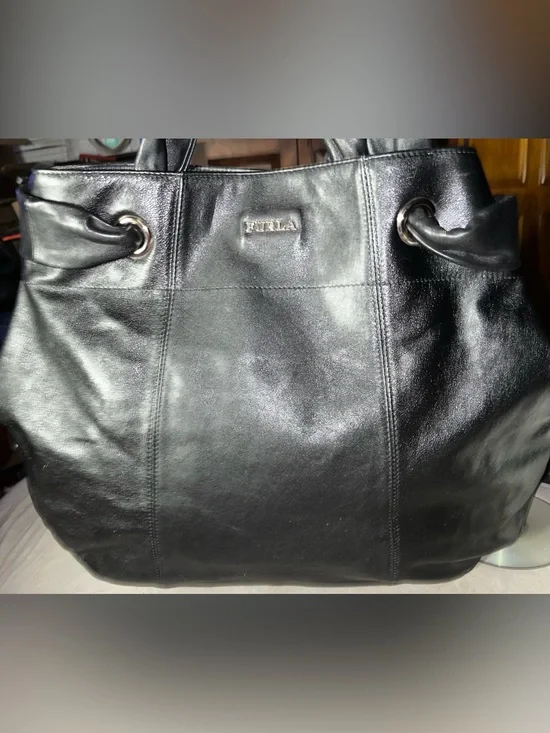 Furla EUC Black Leather Hobo Bag With Silver Hardware