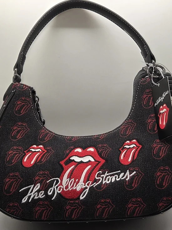 The Rolling Stones All-Over Tongue Logo Black Denim Small Hobo Shoulder Bag New