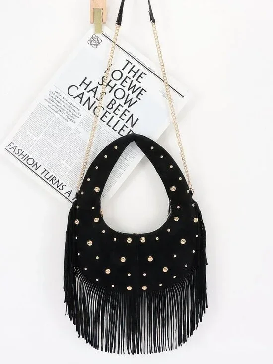 Faux Suede Metal Studded Fringe Hobo Bag