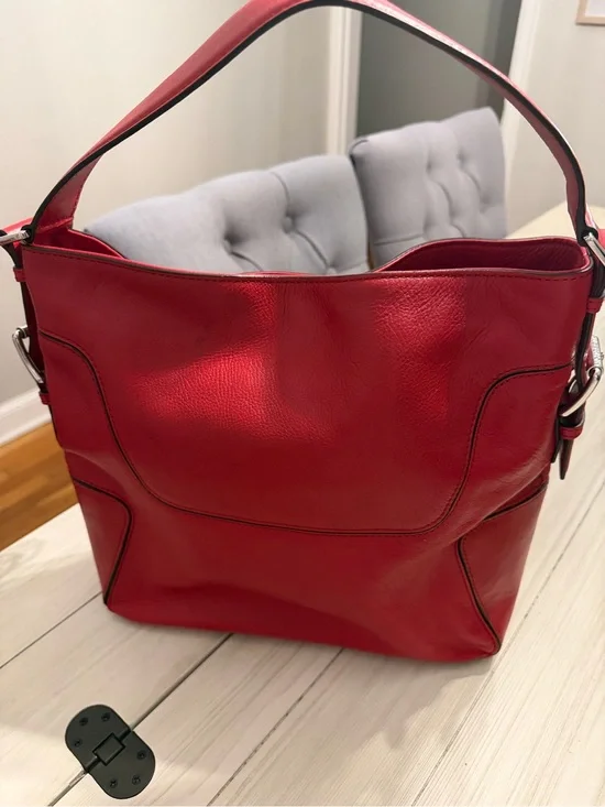 Michael Kors Red Genuine Leather Hobo Shoulder Bag MK Charm Silver Hardware