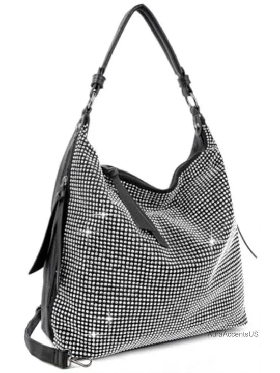 Faux Leather Rhinestone Hobo Handbag with Detachable Crossbody Strap